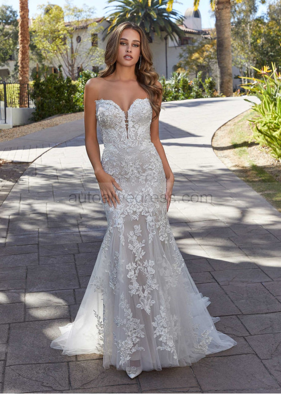Strapless Lace Tulle Glitter Wedding Dress With Detachable Sleeves